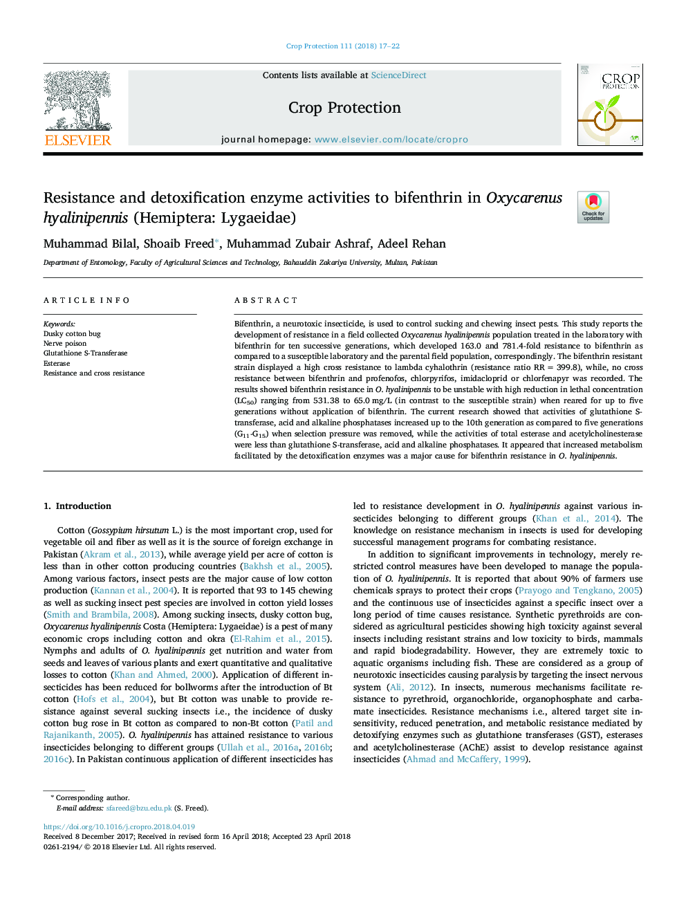 Resistance and detoxification enzyme activities to bifenthrin in Oxycarenus hyalinipennis (Hemiptera: Lygaeidae)
