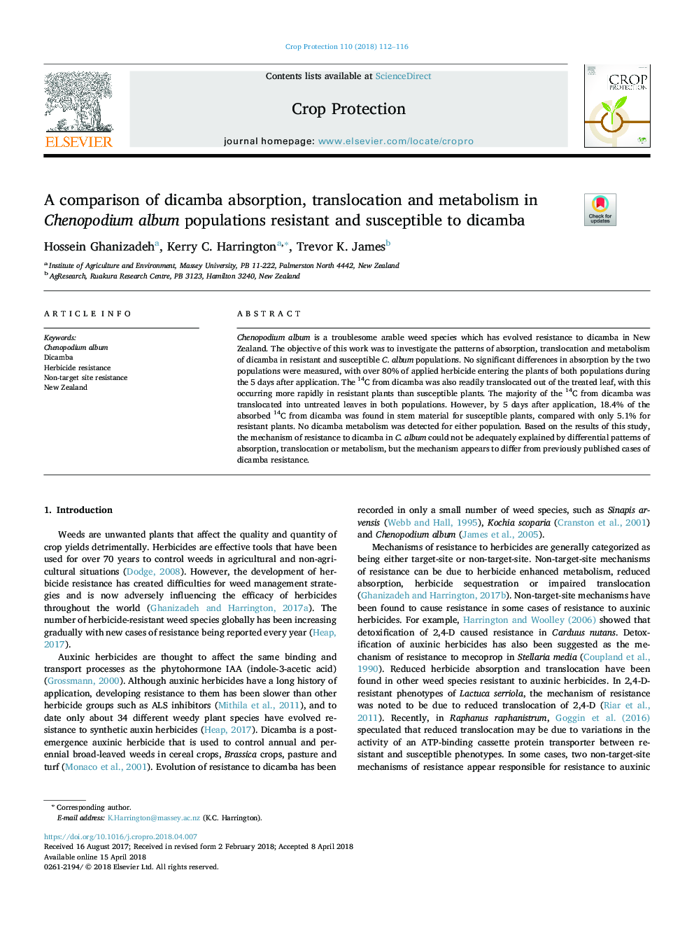 A comparison of dicamba absorption, translocation and metabolism in Chenopodium album populations resistant and susceptible to dicamba