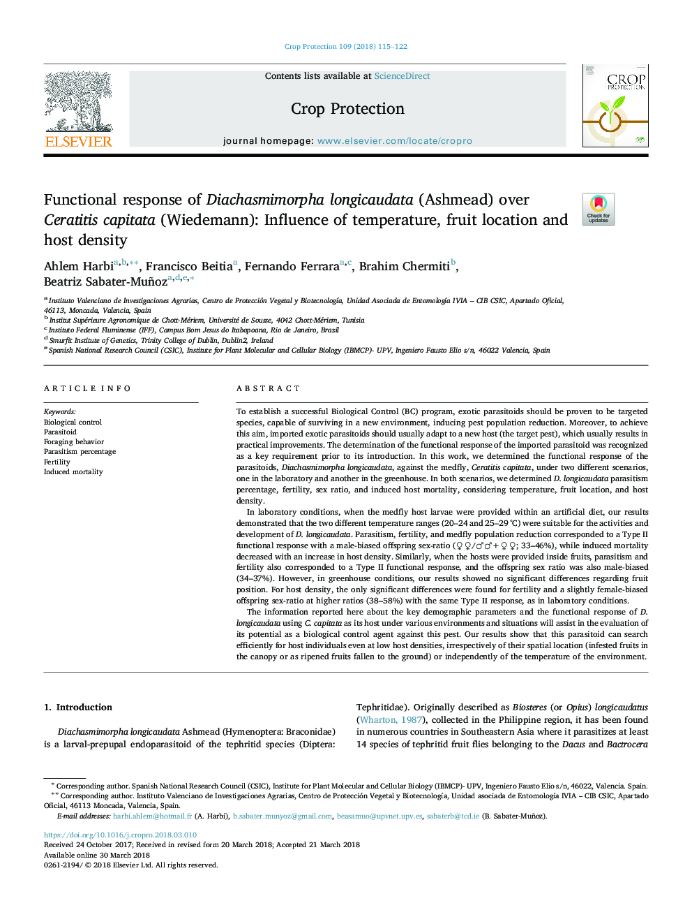 Functional response of Diachasmimorpha longicaudata (Ashmead) over Ceratitis capitata (Wiedemann): Influence of temperature, fruit location and host density