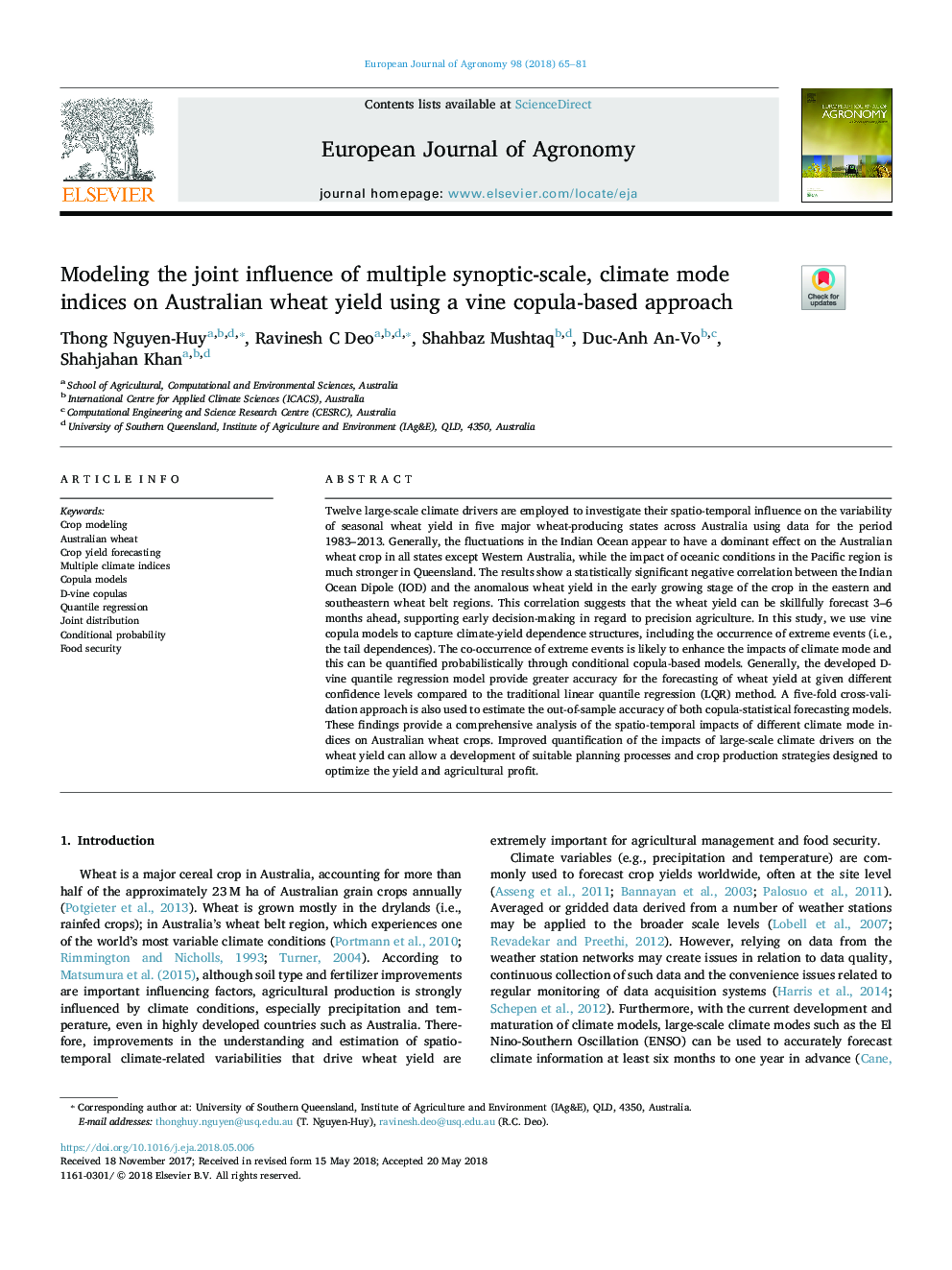مدل سازی تاثیر مشترک چند مقیاس سینوپتیک، شاخص های آب و هوایی بر عملکرد گندم استرالیا با استفاده از یک روش مبتنی بر کوپه 