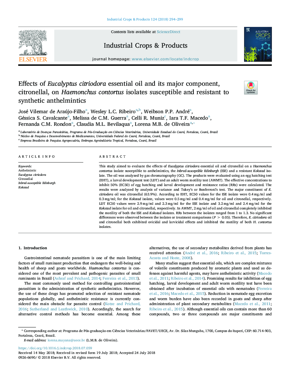 Effects of Eucalyptus citriodora essential oil and its major component, citronellal, on Haemonchus contortus isolates susceptible and resistant to synthetic anthelmintics
