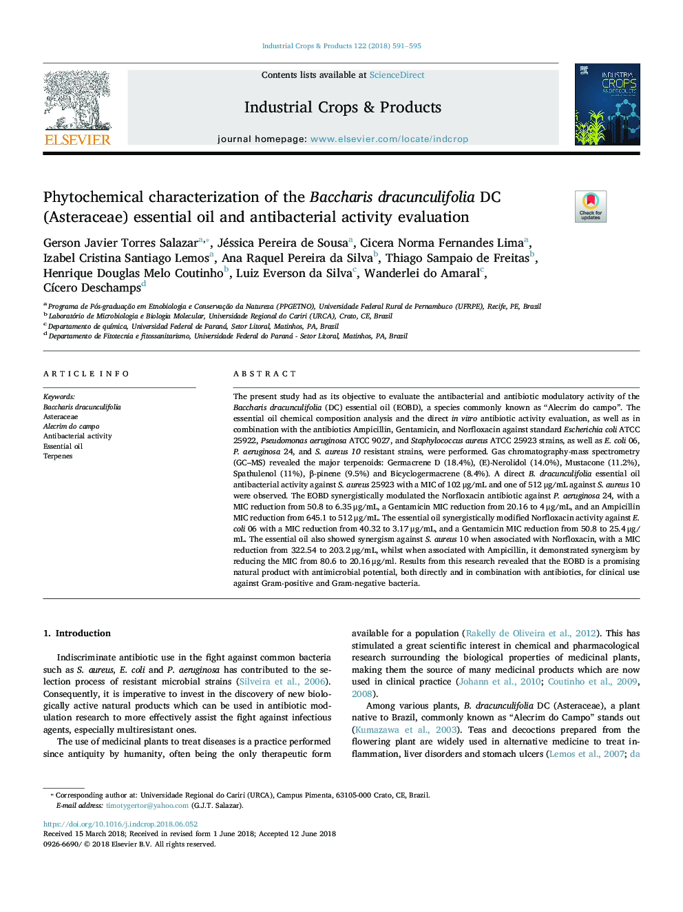 Phytochemical characterization of the Baccharis dracunculifolia DC (Asteraceae) essential oil and antibacterial activity evaluation