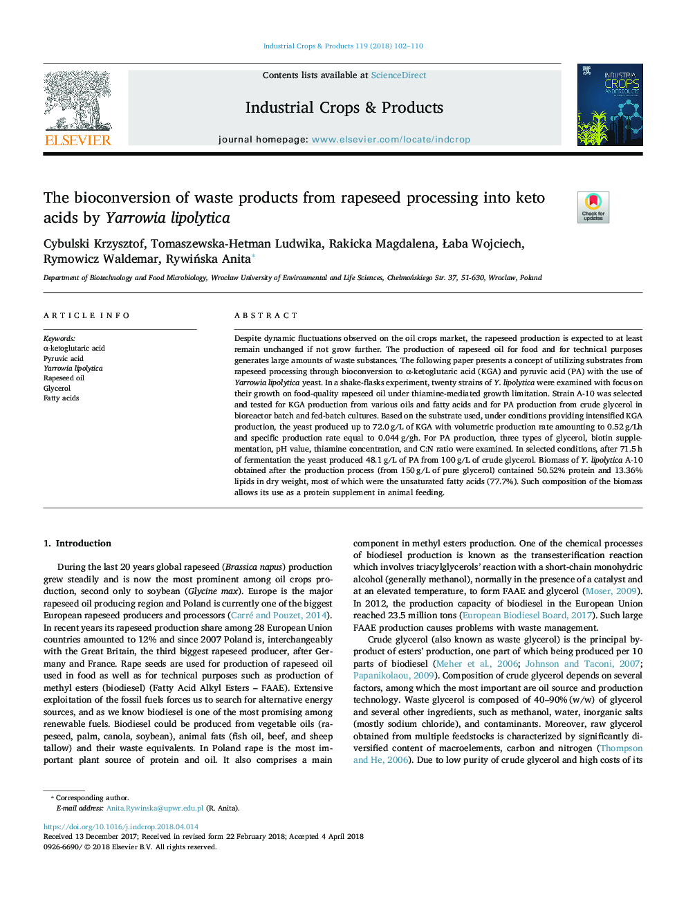 The bioconversion of waste products from rapeseed processing into keto acids by Yarrowia lipolytica