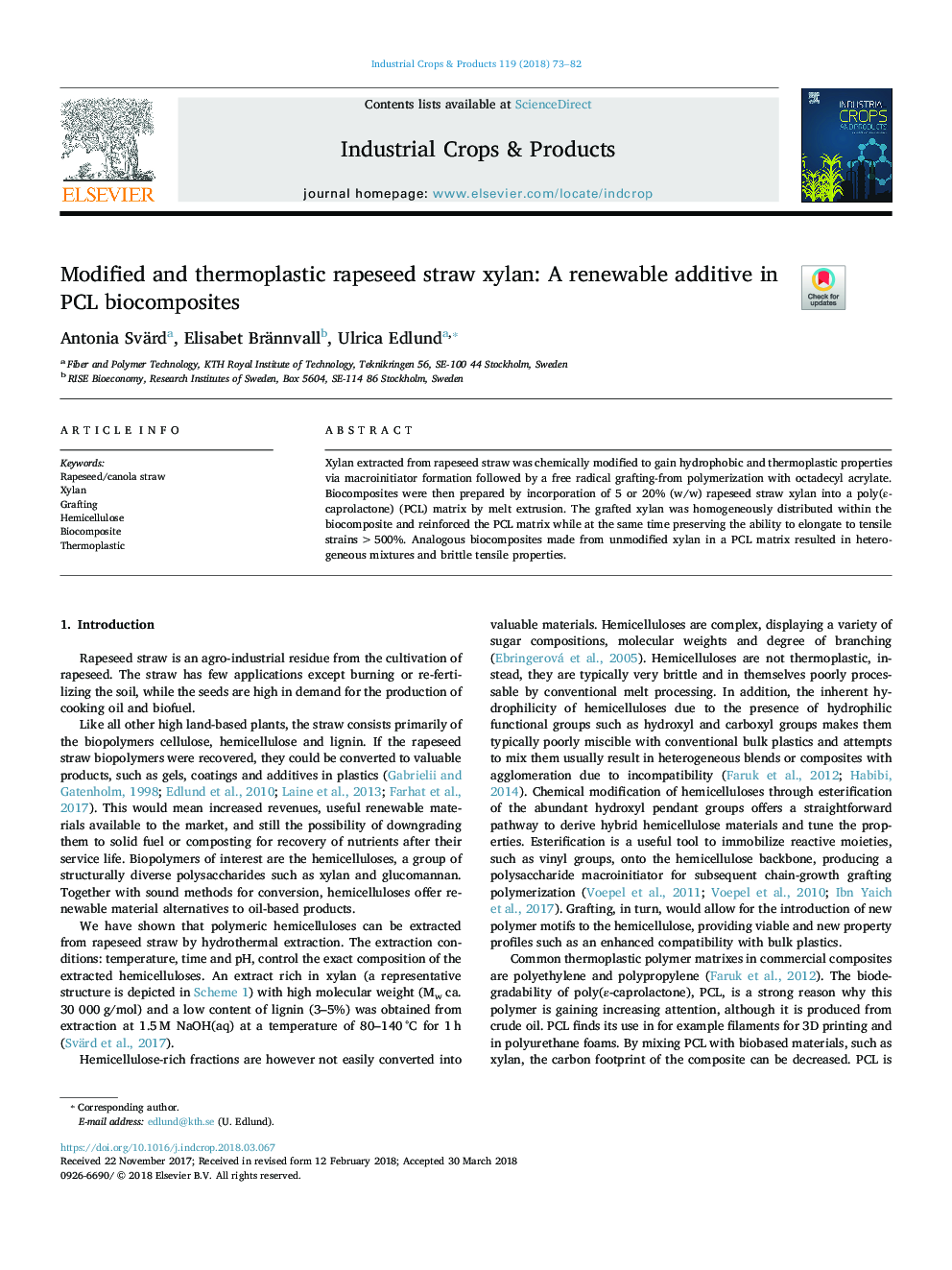 Modified and thermoplastic rapeseed straw xylan: A renewable additive in PCL biocomposites