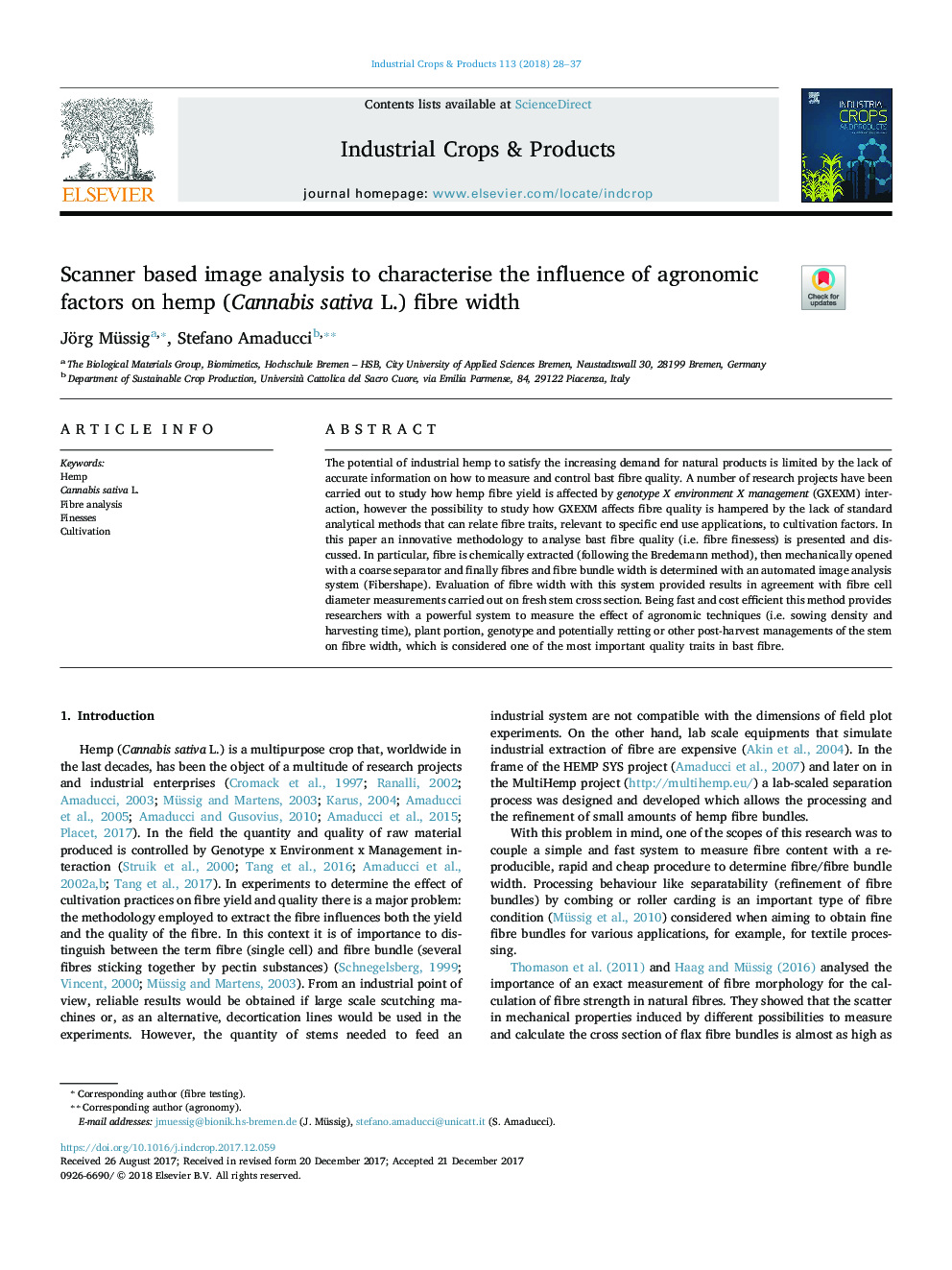 Scanner based image analysis to characterise the influence of agronomic factors on hemp (Cannabis sativa L.) fibre width