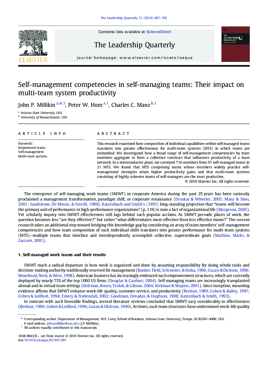Self-management competencies in self-managing teams: Their impact on multi-team system productivity