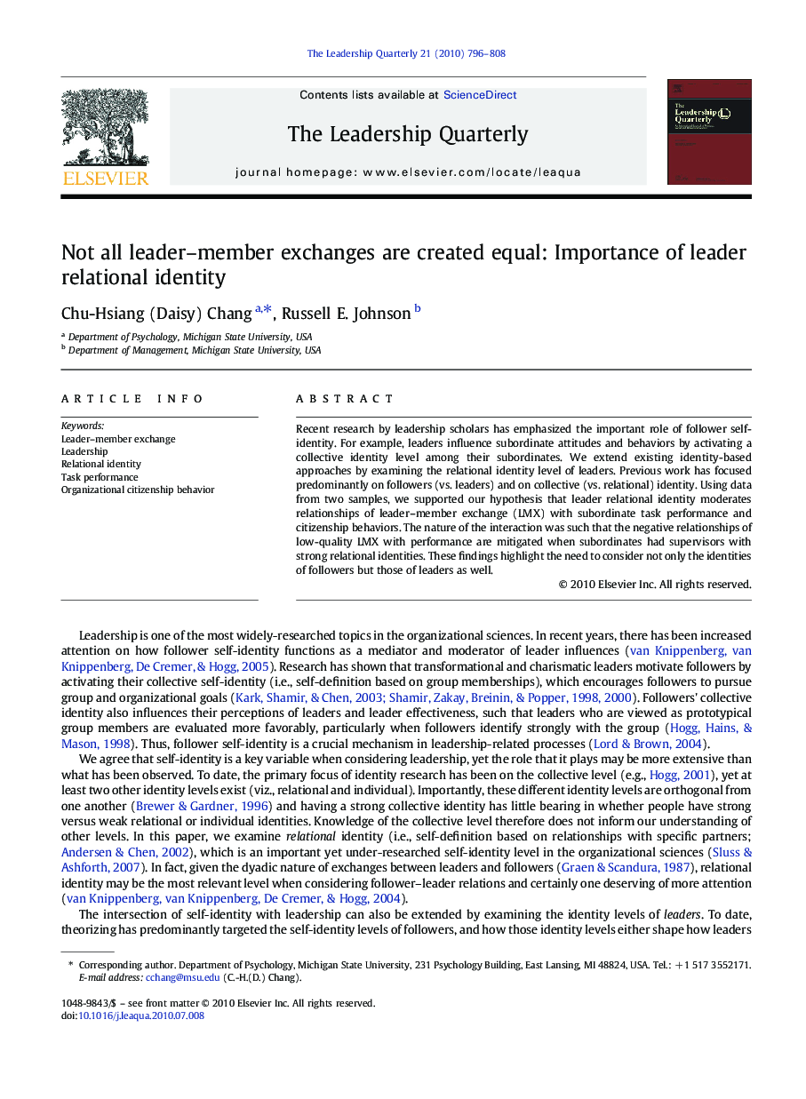 Not all leader–member exchanges are created equal: Importance of leader relational identity