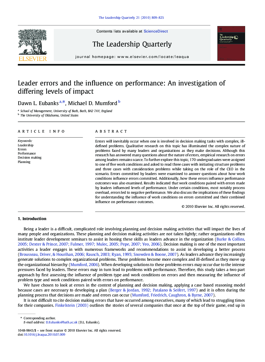 Leader errors and the influence on performance: An investigation of differing levels of impact