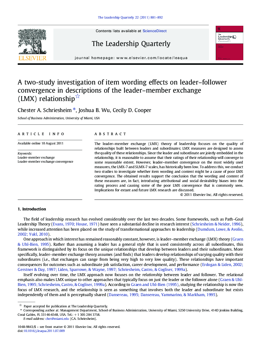 A two-study investigation of item wording effects on leader–follower convergence in descriptions of the leader–member exchange (LMX) relationship 