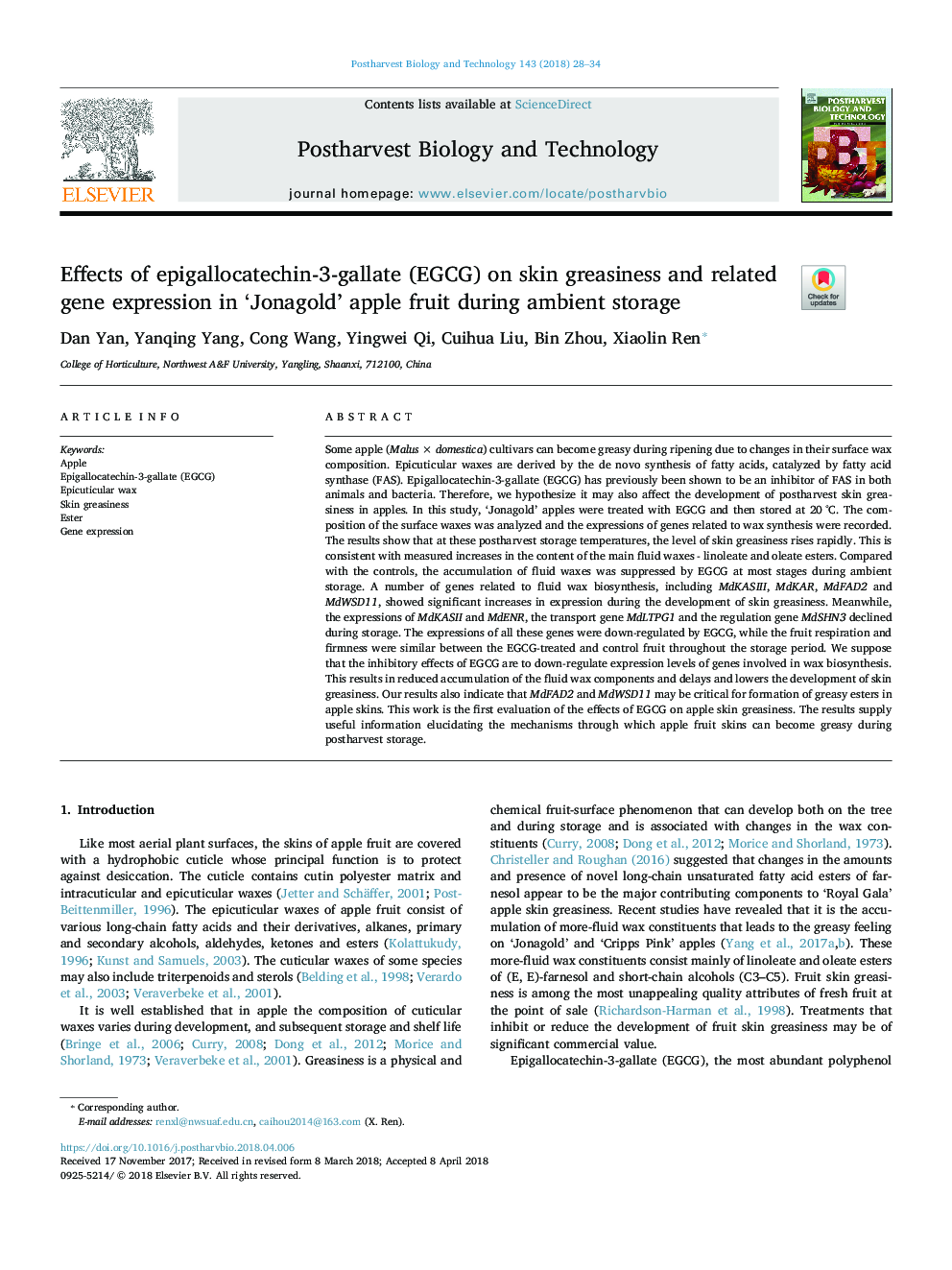 Effects of epigallocatechin-3-gallate (EGCG) on skin greasiness and related gene expression in 'Jonagold' apple fruit during ambient storage