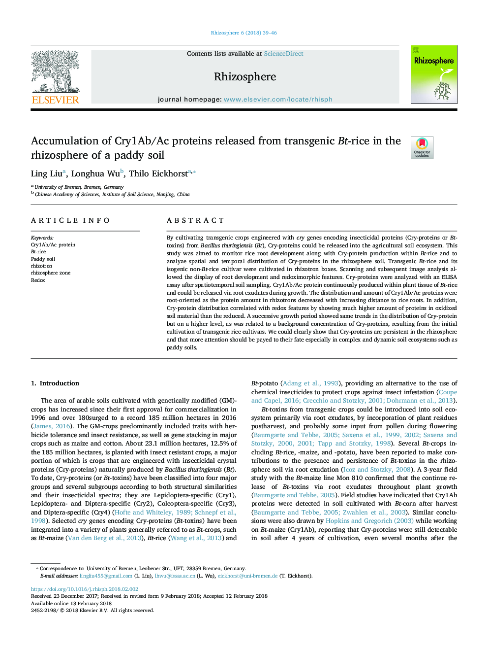 Accumulation of Cry1Ab/Ac proteins released from transgenic Bt-rice in the rhizosphere of a paddy soil