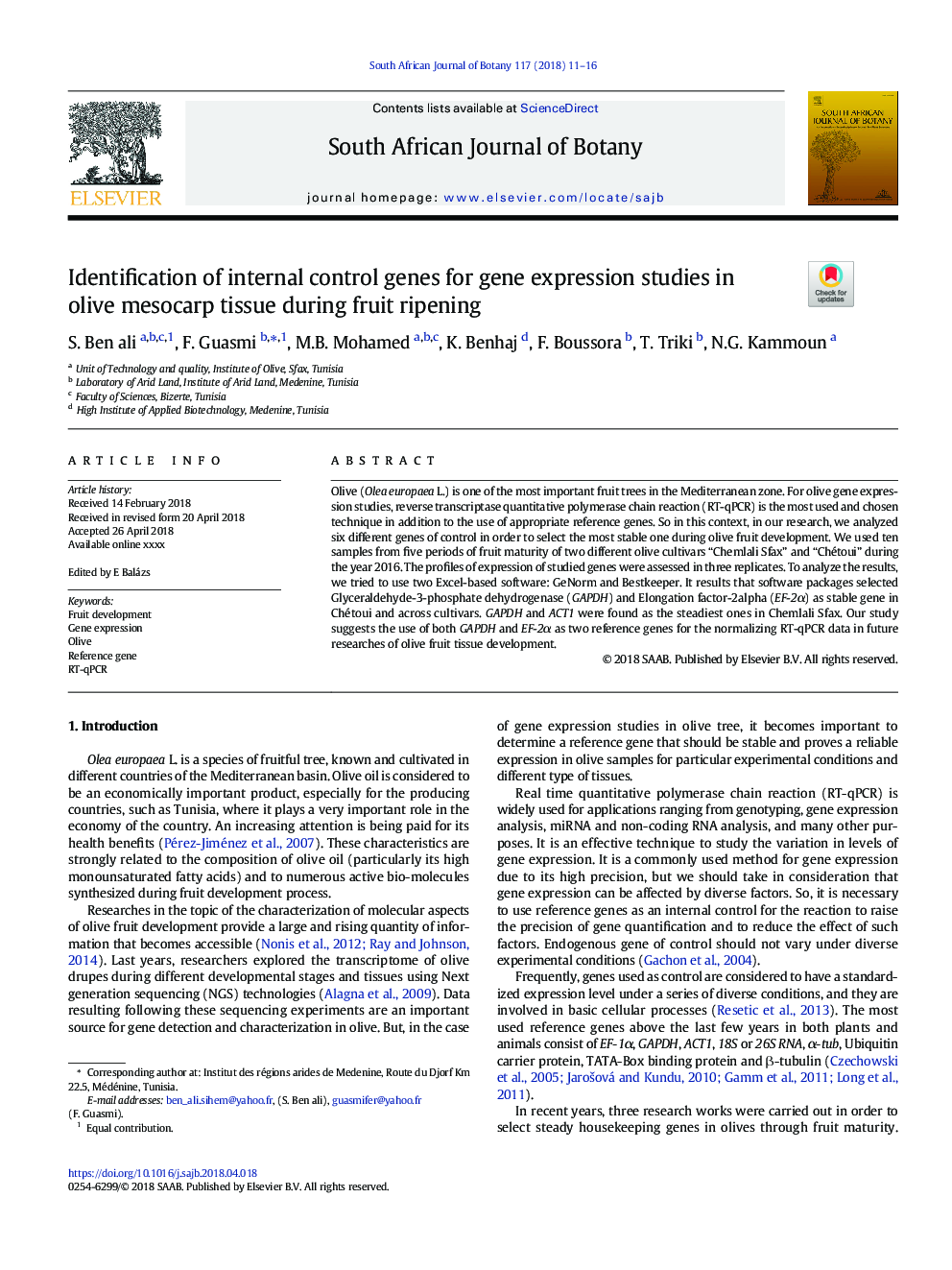 شناسایی ژن های کنترل داخلی برای بررسی بیان ژن در بافت مزوکار زیتون در هنگام رسیدن 
