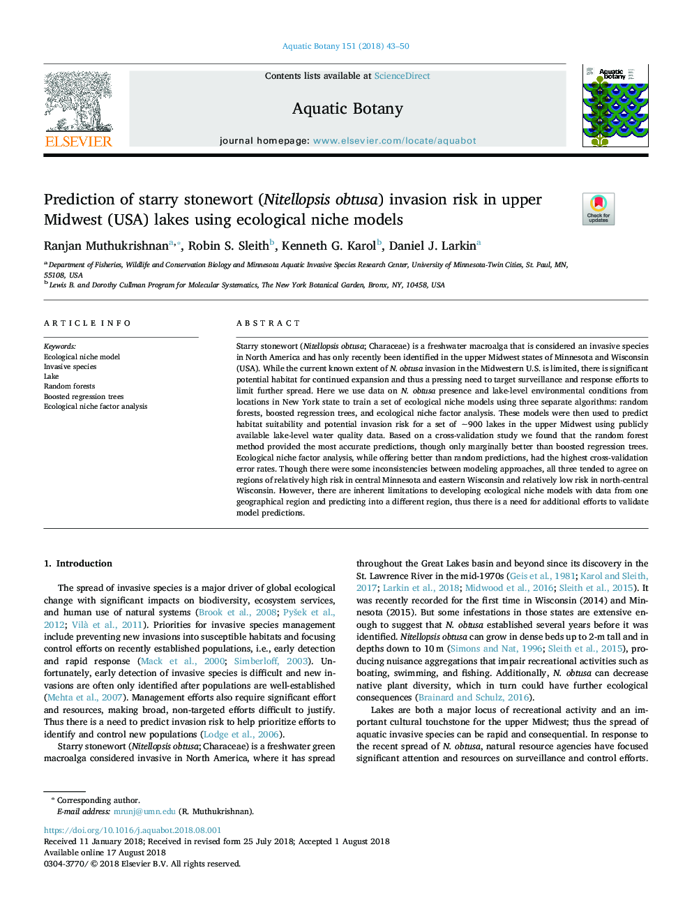 Prediction of starry stonewort (Nitellopsis obtusa) invasion risk in upper Midwest (USA) lakes using ecological niche models