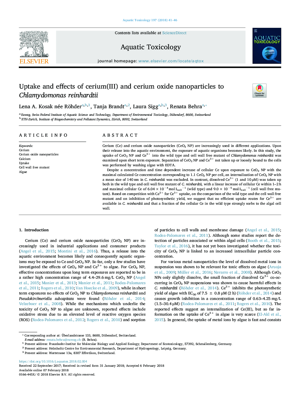 Uptake and effects of cerium(III) and cerium oxide nanoparticles to Chlamydomonas reinhardtii