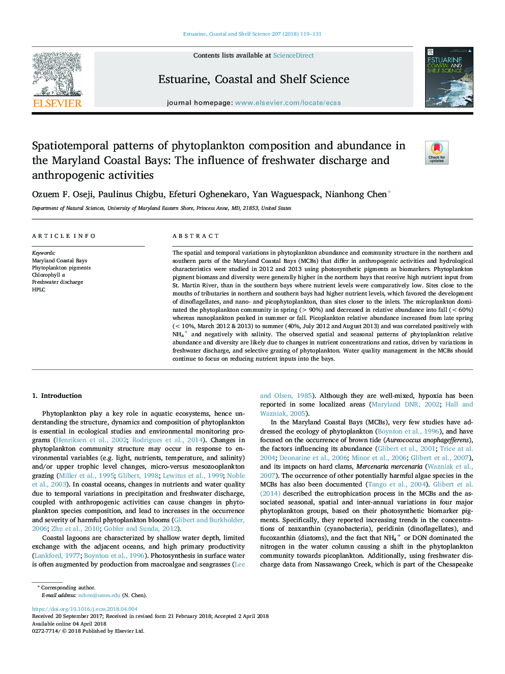 الگوهای اسپکتیومیومی ترکیب و فراوانی فیتوپلانکتون در خلیج ساحلی مریلند: تأثیر تخریب آب شیرین و فعالیت های انسان 