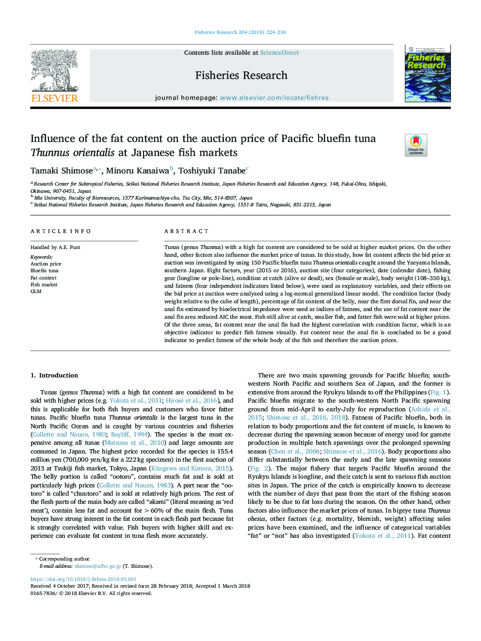Influence of the fat content on the auction price of Pacific bluefin tuna Thunnus orientalis at Japanese fish markets