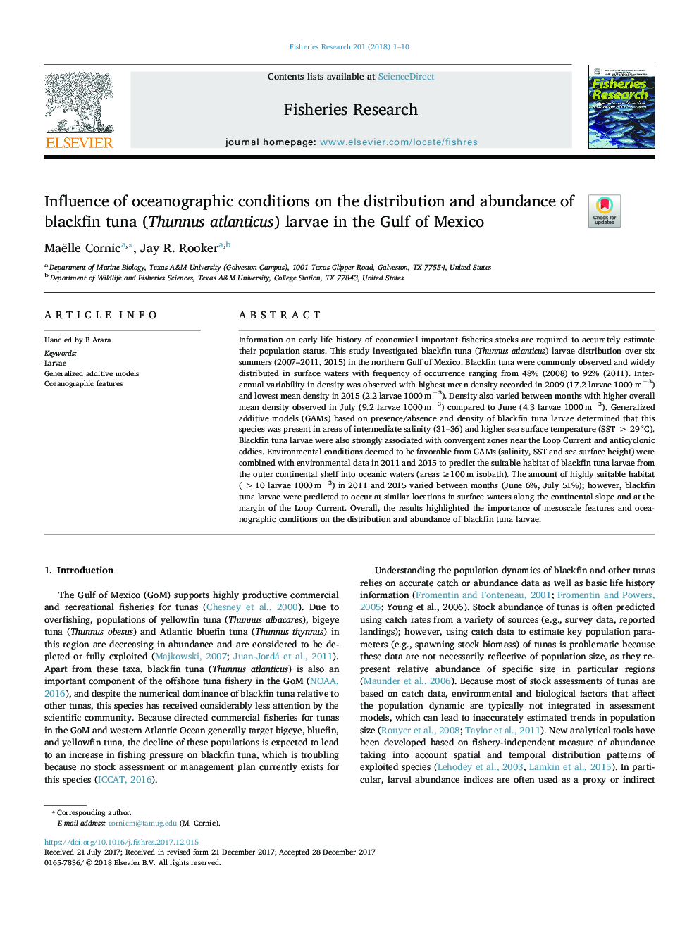 Influence of oceanographic conditions on the distribution and abundance of blackfin tuna (Thunnus atlanticus) larvae in the Gulf of Mexico