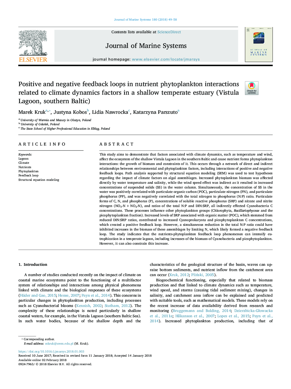 حلقه های بازخورد مثبت و منفی در تعاملات فیتوپلانکتون مواد مغذی مربوط به عوامل دینامیکی آب و هوایی در یک مرطوب کم عمق (ویستولا دریاچه، جنوب 