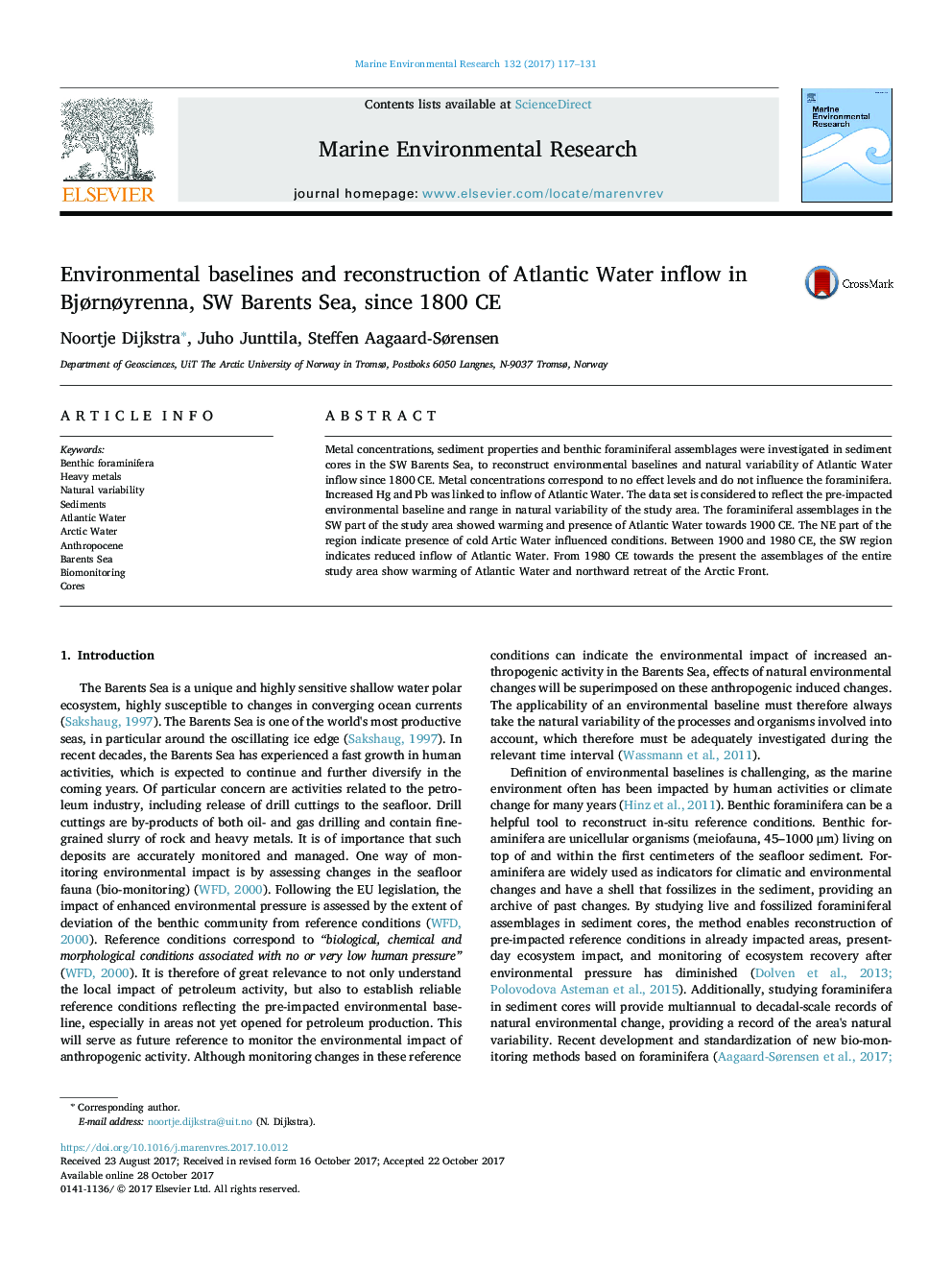 Environmental baselines and reconstruction of Atlantic Water inflow in BjÃ¸rnÃ¸yrenna, SW Barents Sea, since 1800Â CE