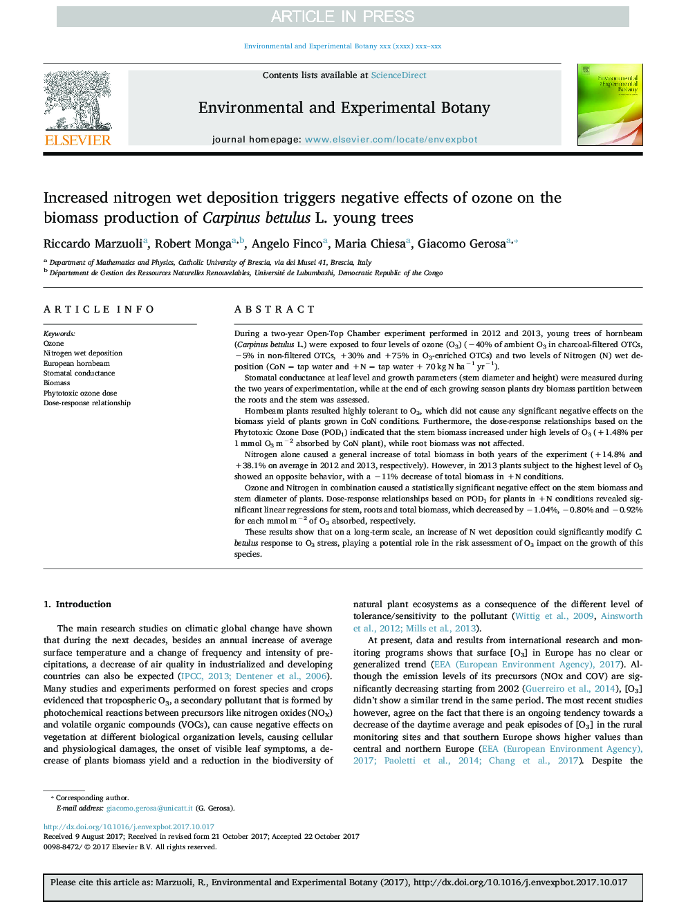 Increased nitrogen wet deposition triggers negative effects of ozone on the biomass production of Carpinus betulus L. young trees