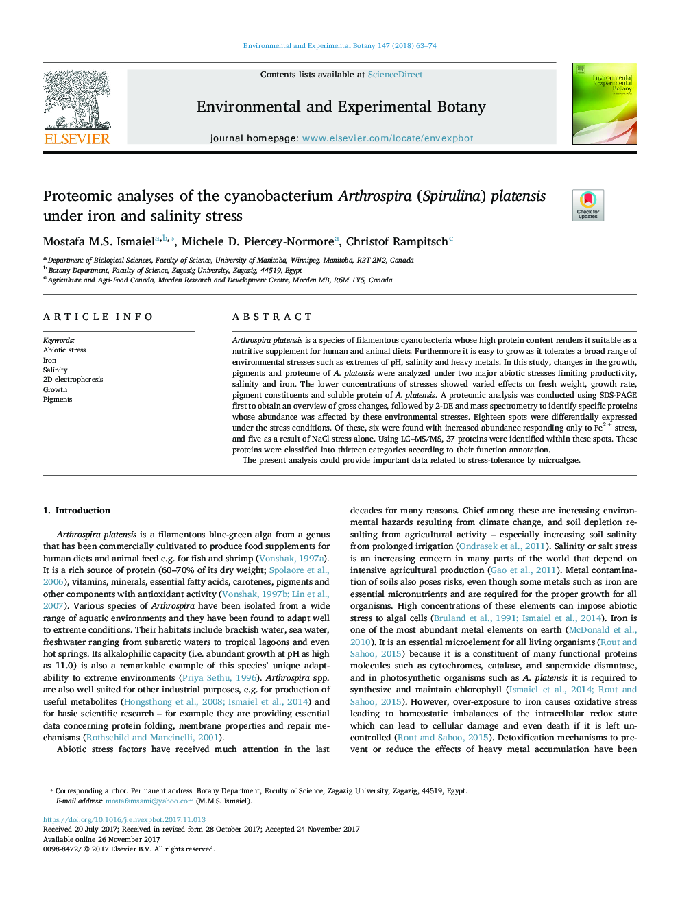 Proteomic analyses of the cyanobacterium Arthrospira (Spirulina) platensis under iron and salinity stress