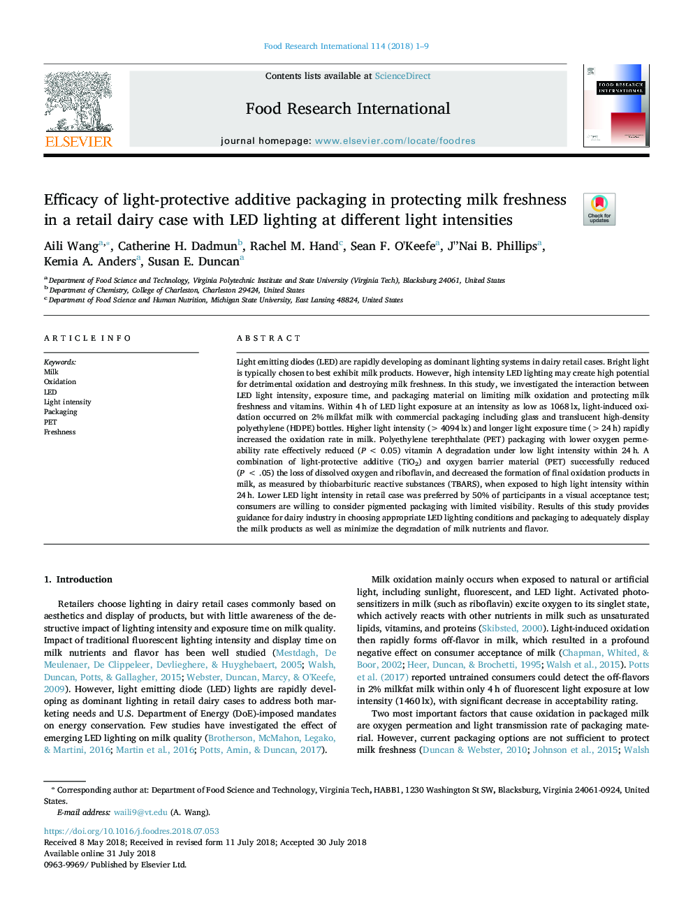 Efficacy of light-protective additive packaging in protecting milk freshness in a retail dairy case with LED lighting at different light intensities