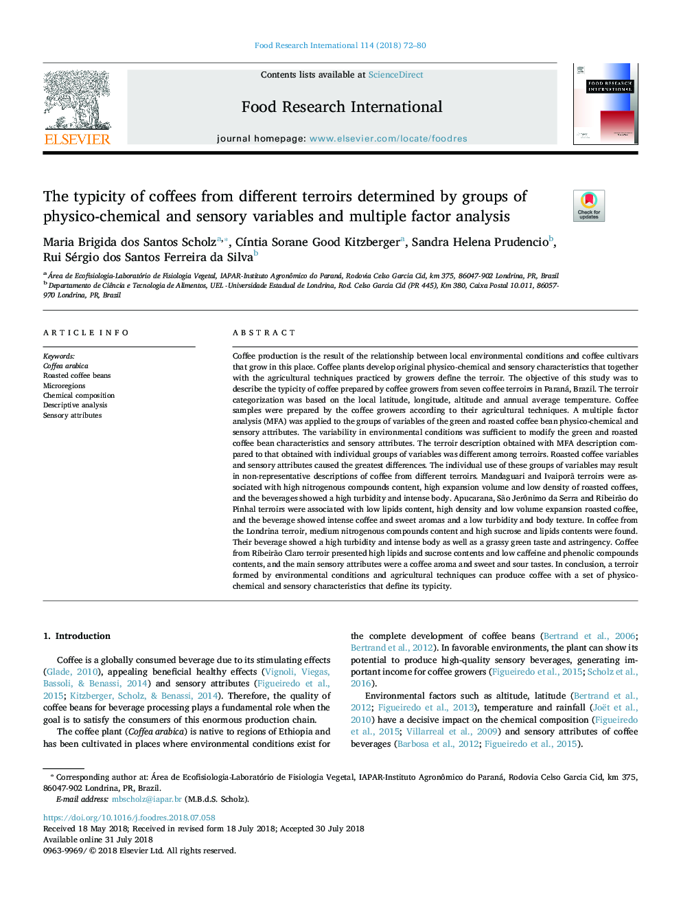 The typicity of coffees from different terroirs determined by groups of physico-chemical and sensory variables and multiple factor analysis