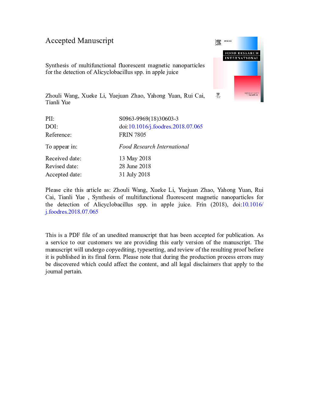 Synthesis of multifunctional fluorescent magnetic nanoparticles for the detection of Alicyclobacillus spp. in apple juice