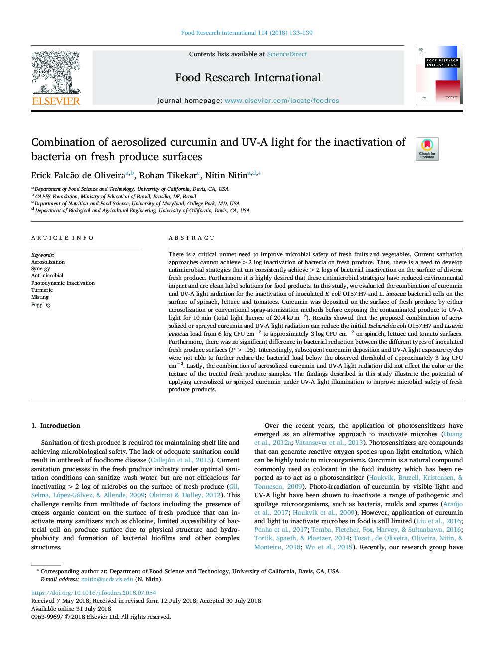 Combination of aerosolized curcumin and UV-A light for the inactivation of bacteria on fresh produce surfaces