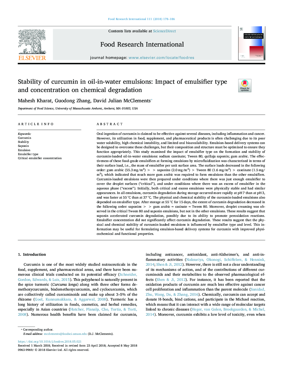 پایداری کرکومین در امولسیون روغن در آب: تاثیر نوع و غلظت امولسیفایر بر تخلیه 