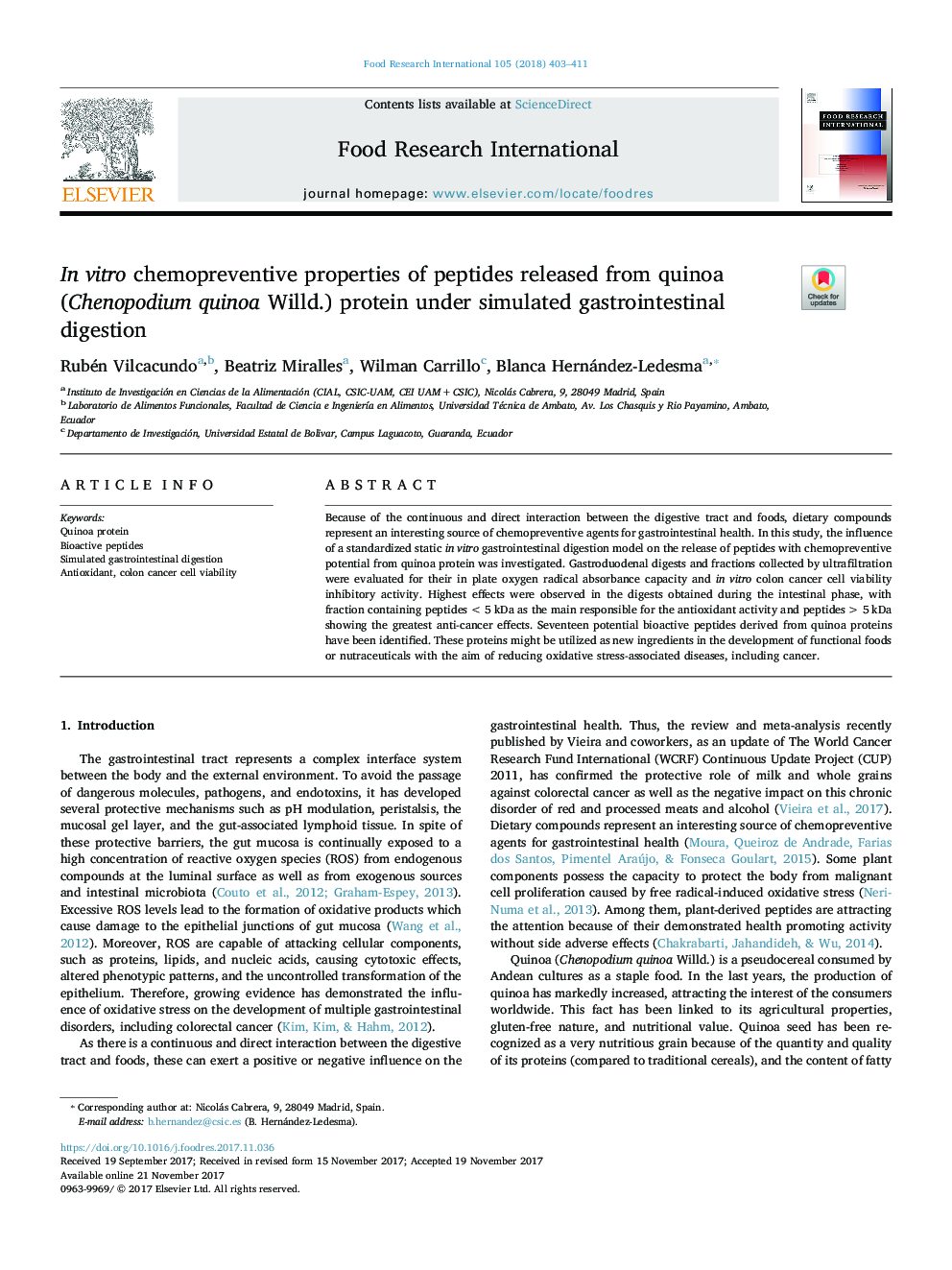 In vitro chemopreventive properties of peptides released from quinoa (Chenopodium quinoa Willd.) protein under simulated gastrointestinal digestion
