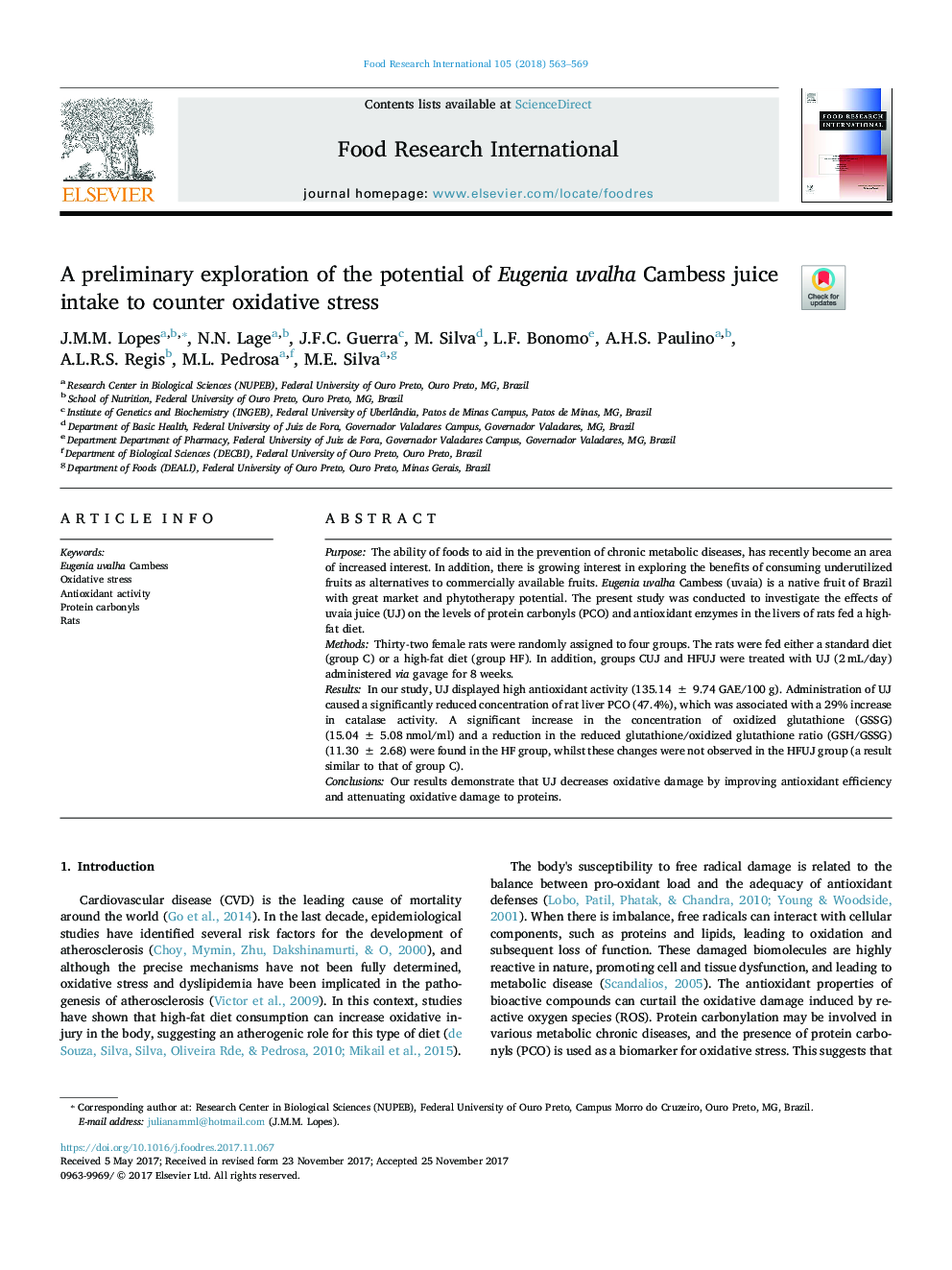 A preliminary exploration of the potential of Eugenia uvalha Cambess juice intake to counter oxidative stress