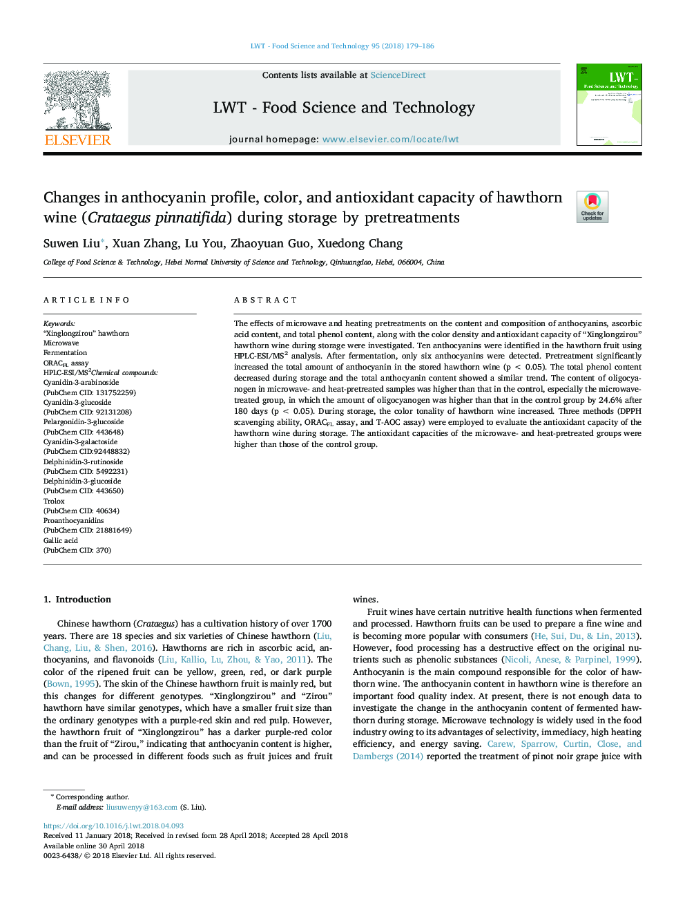 Changes in anthocyanin profile, color, and antioxidant capacity of hawthorn wine (Crataegus pinnatifida) during storage by pretreatments