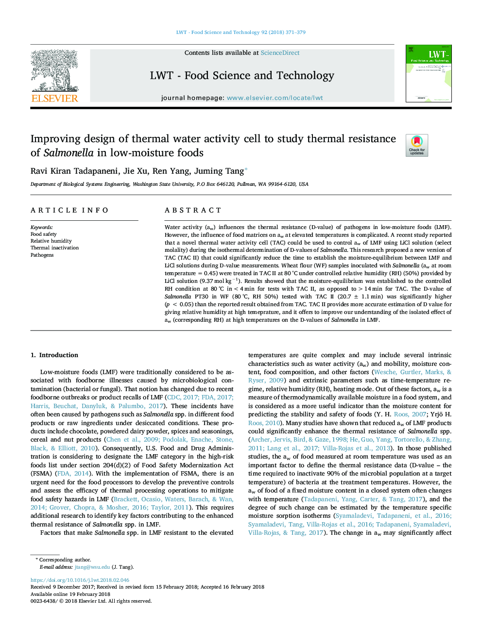 بهبود طراحی سلول های فعالیت آب حرارتی برای بررسی مقاومت حرارتی سالمونلا در غذاهای کم 