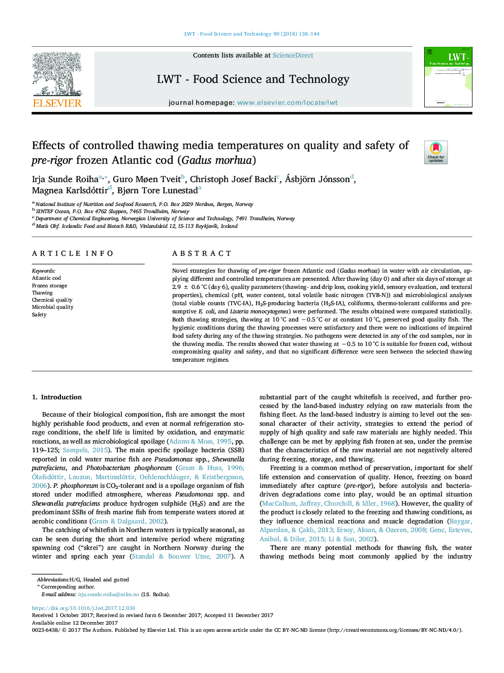 Effects of controlled thawing media temperatures on quality and safety of pre-rigor frozen Atlantic cod (Gadus morhua)