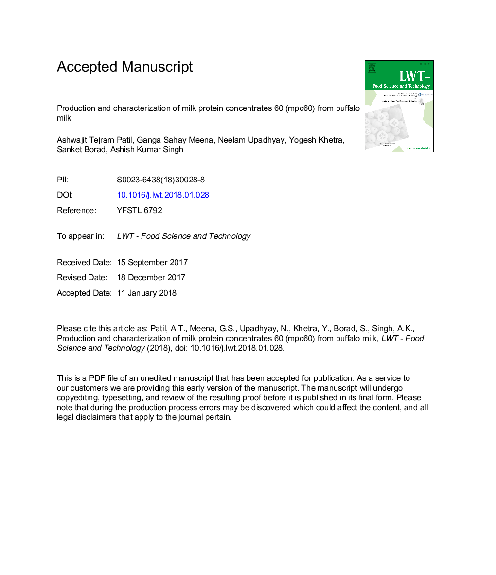 Production and characterization of milk protein concentrates 60 (MPC60) from buffalo milk