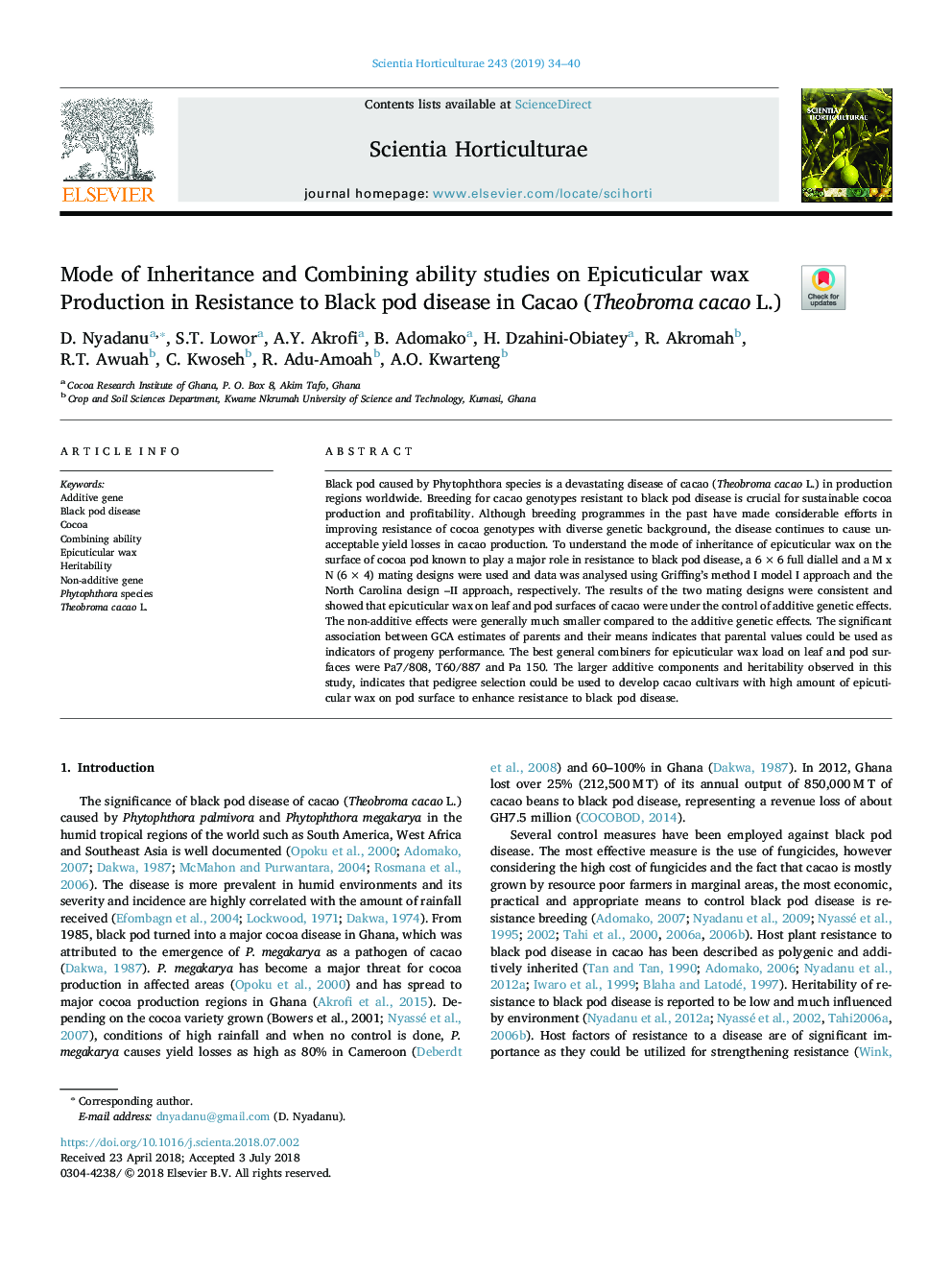 Mode of Inheritance and Combining ability studies on Epicuticular wax Production in Resistance to Black pod disease in Cacao (Theobroma cacao L.)