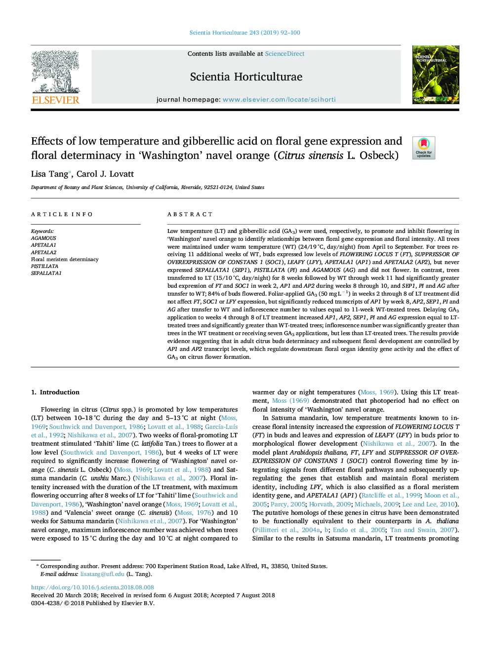 Effects of low temperature and gibberellic acid on floral gene expression and floral determinacy in 'Washington' navel orange (Citrus sinensis L. Osbeck)