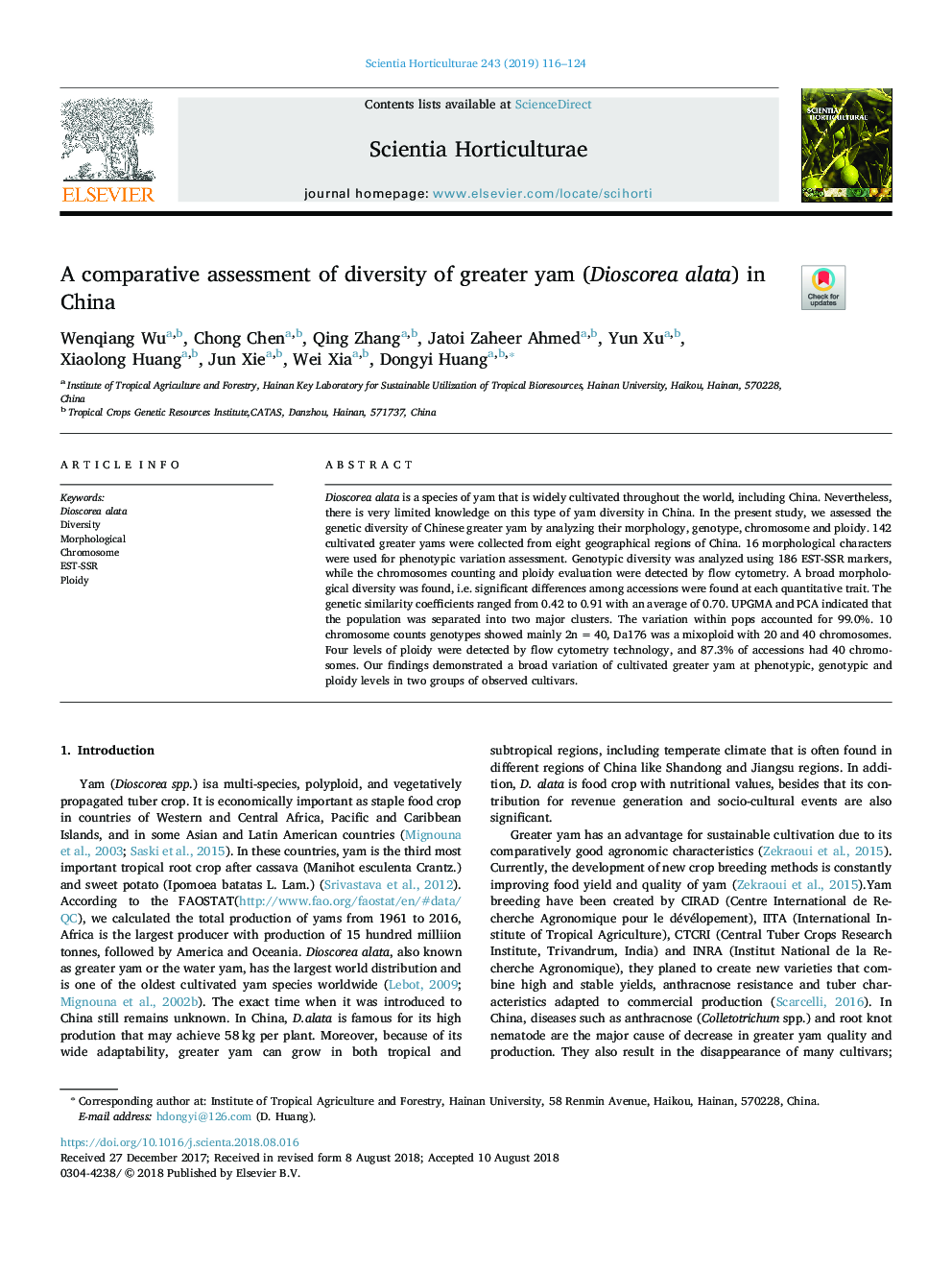 A comparative assessment of diversity of greater yam (Dioscorea alata) in China