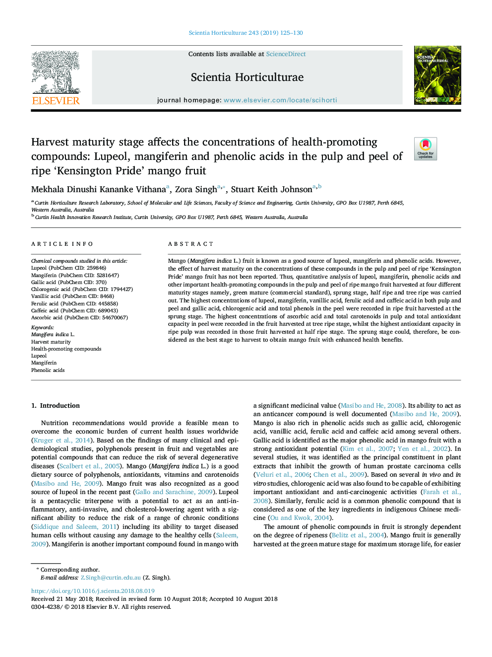 Harvest maturity stage affects the concentrations of health-promoting compounds: Lupeol, mangiferin and phenolic acids in the pulp and peel of ripe 'Kensington Pride' mango fruit