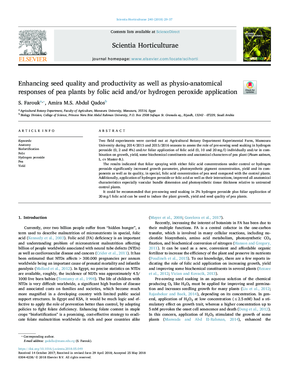 افزایش کیفیت و عملکرد دانه و همچنین پاسخ فیزیولوژیکی آناتومی گیاهان نخود توسط اسید فولیک و / یا استفاده از پراکسید 