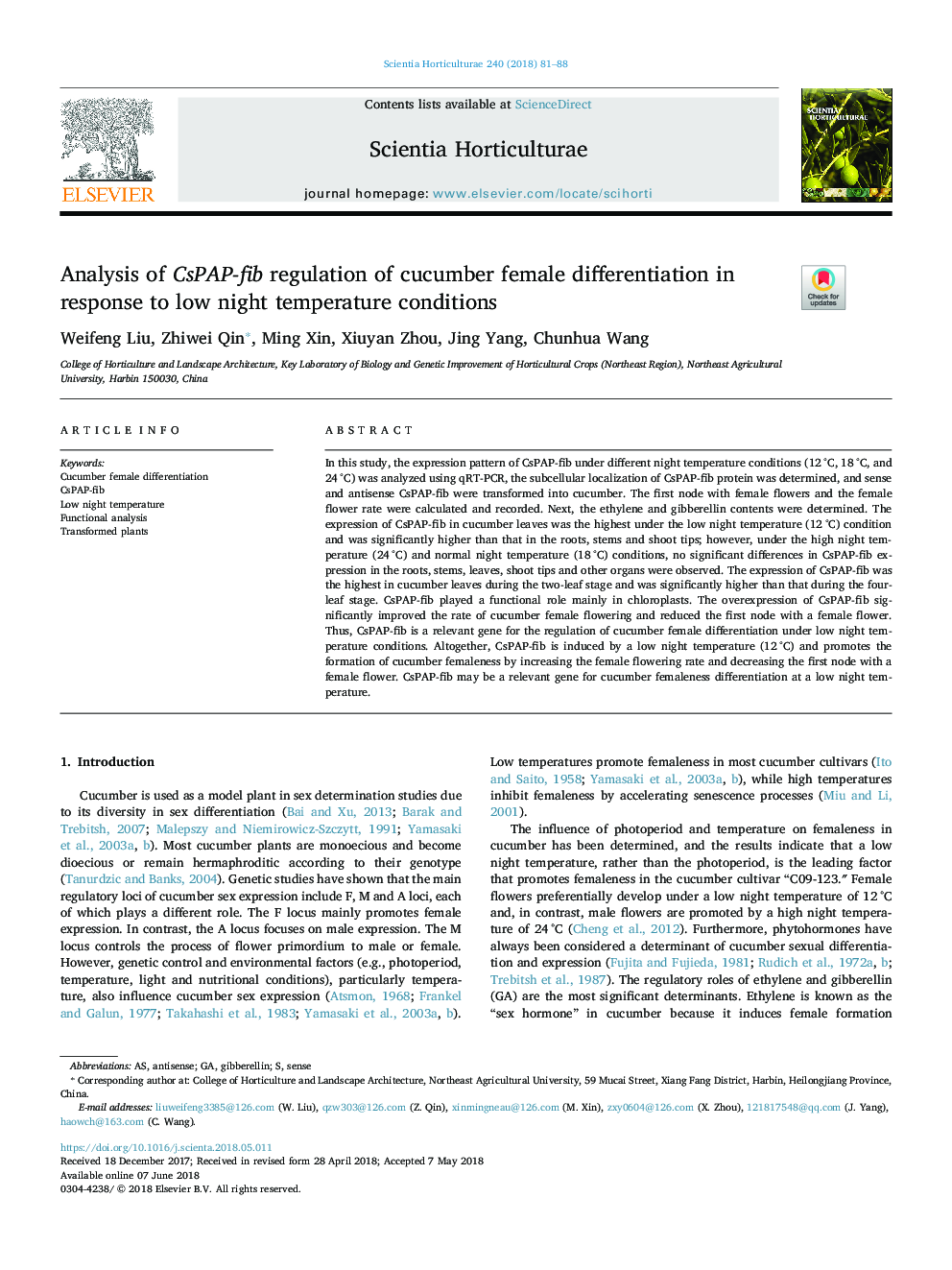 Analysis of CsPAP-fib regulation of cucumber female differentiation in response to low night temperature conditions