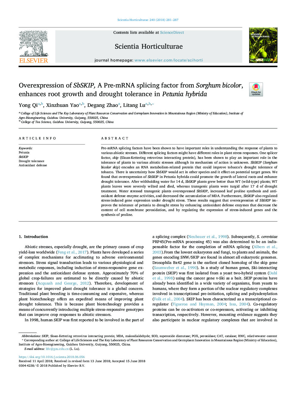 Overexpression of SbSKIP, A Pre-mRNA splicing factor from Sorghum bicolor, enhances root growth and drought tolerance in Petunia hybrida