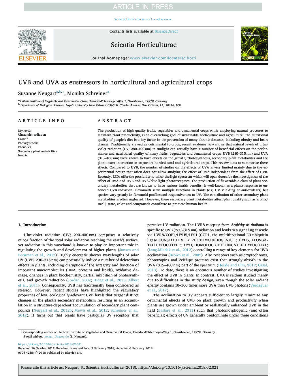 UVB and UVA as eustressors in horticultural and agricultural crops