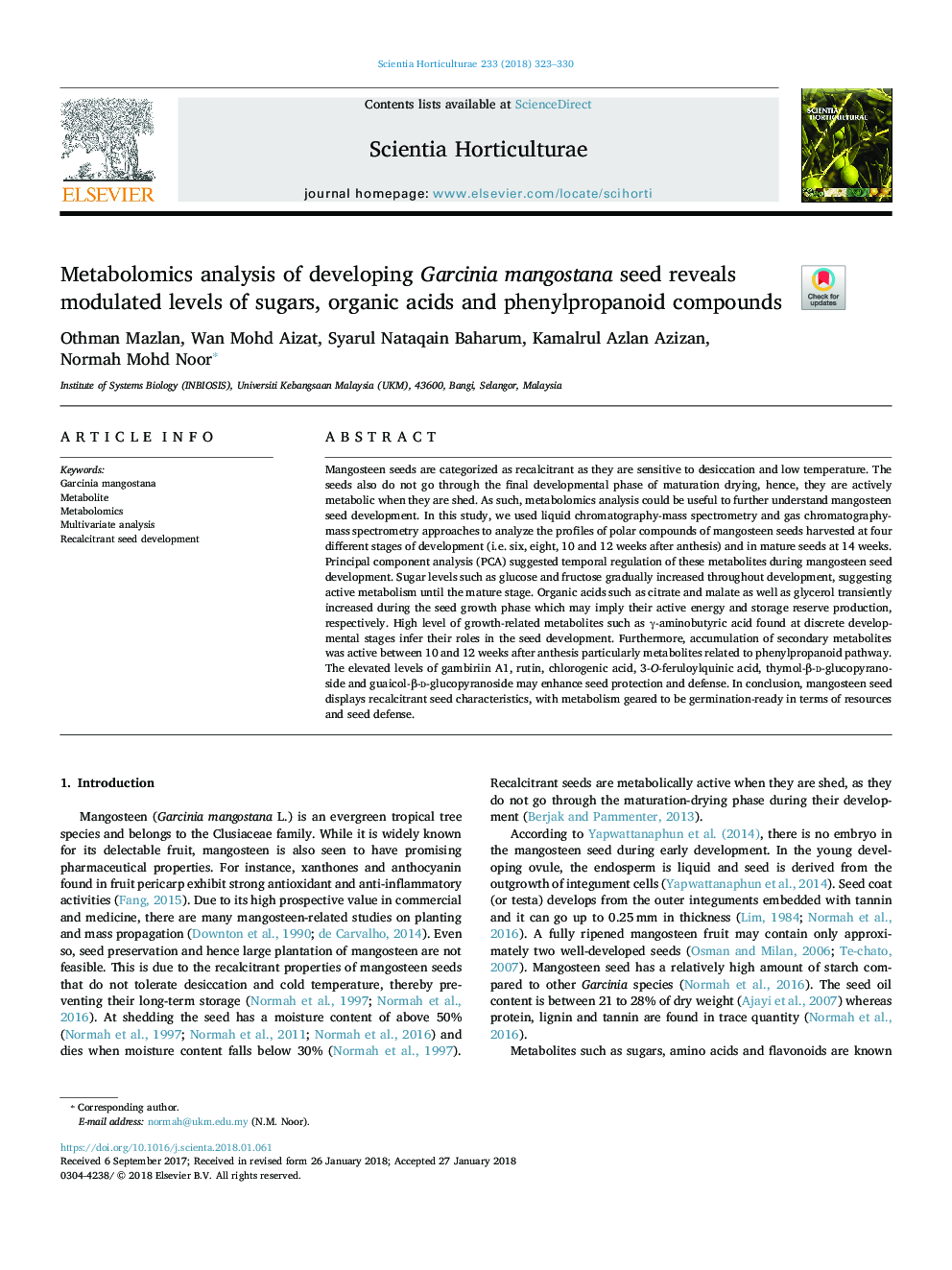 تجزیه و تحلیل متابولومیک در حال رشد دانه گارسینیا مانگوستانا نشان می دهد سطح مدولاسیون قندهای، اسیدهای ارگانیکی و ترکیبات فنیل 