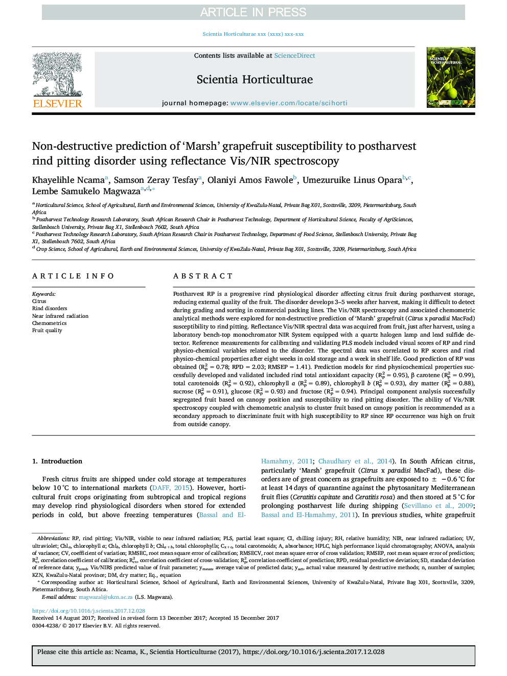Non-destructive prediction of 'Marsh' grapefruit susceptibility to postharvest rind pitting disorder using reflectance Vis/NIR spectroscopy