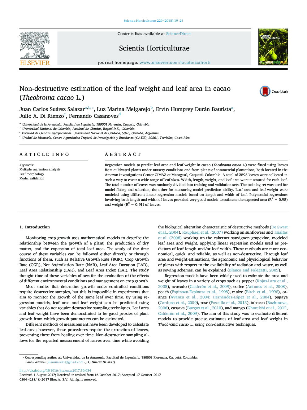 Non-destructive estimation of the leaf weight and leaf area in cacao (Theobroma cacao L.)