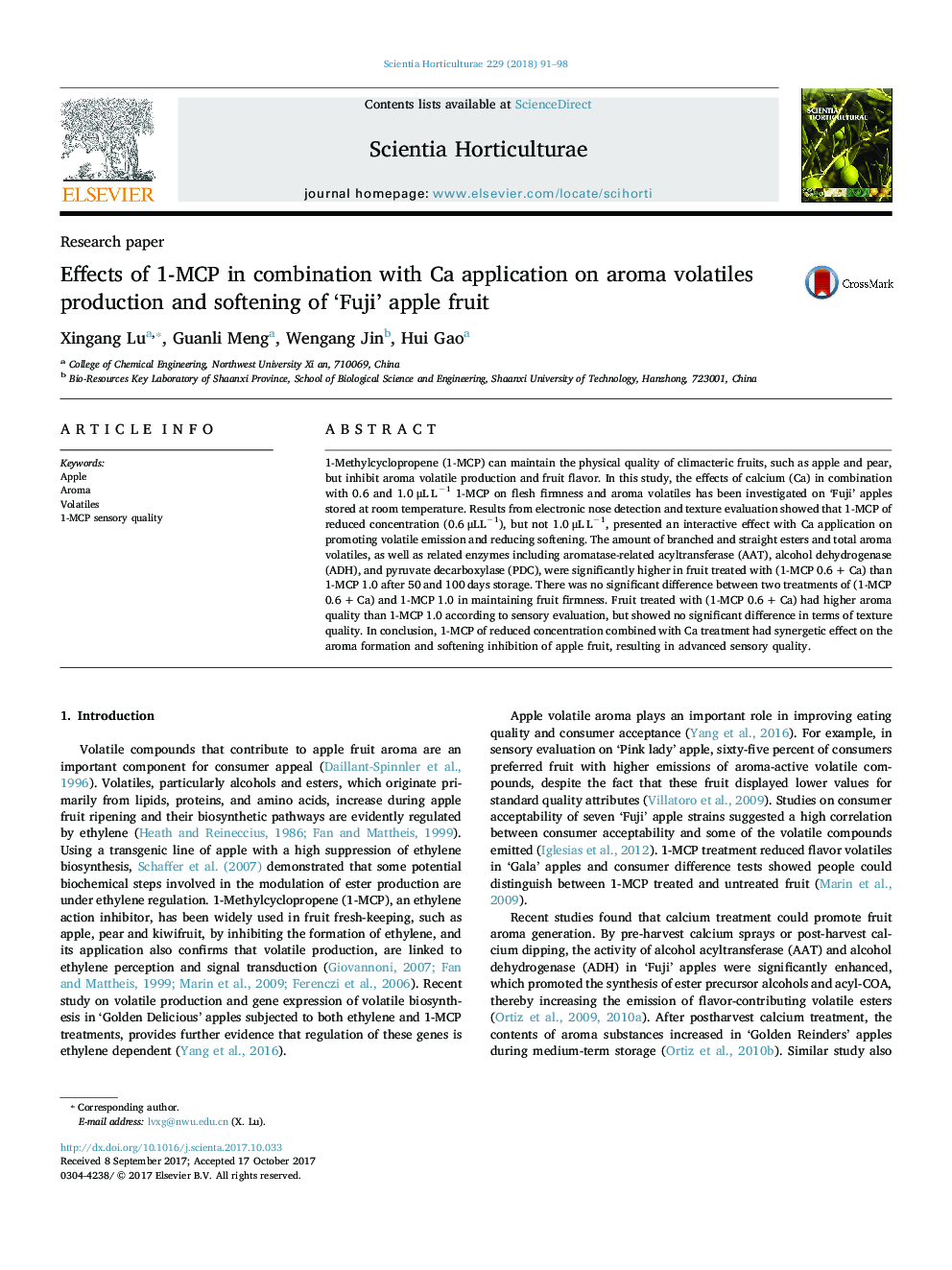 Effects of 1-MCP in combination with Ca application on aroma volatiles production and softening of 'Fuji' apple fruit