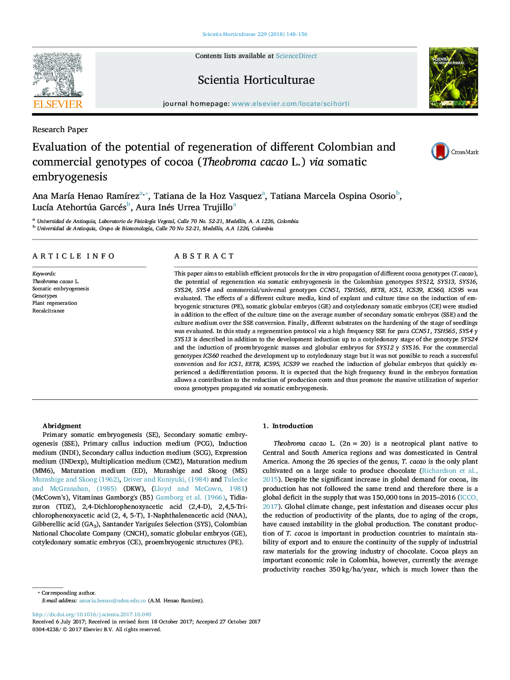 Evaluation of the potential of regeneration of different Colombian and commercial genotypes of cocoa (Theobroma cacao L.) via somatic embryogenesis