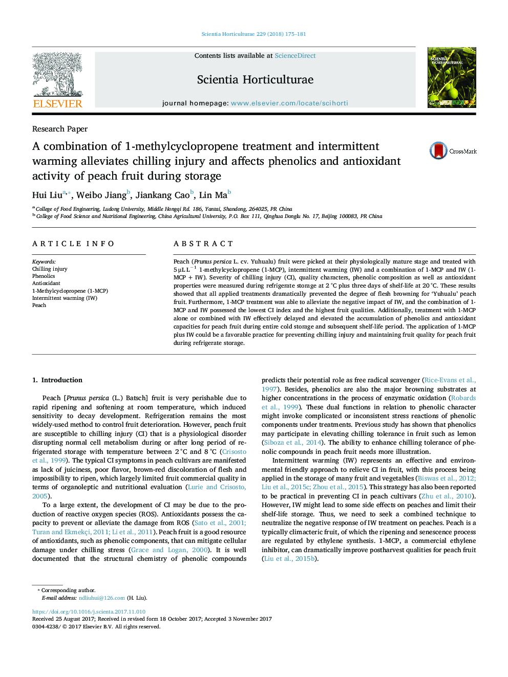 A combination of 1-methylcyclopropene treatment and intermittent warming alleviates chilling injury and affects phenolics and antioxidant activity of peach fruit during storage